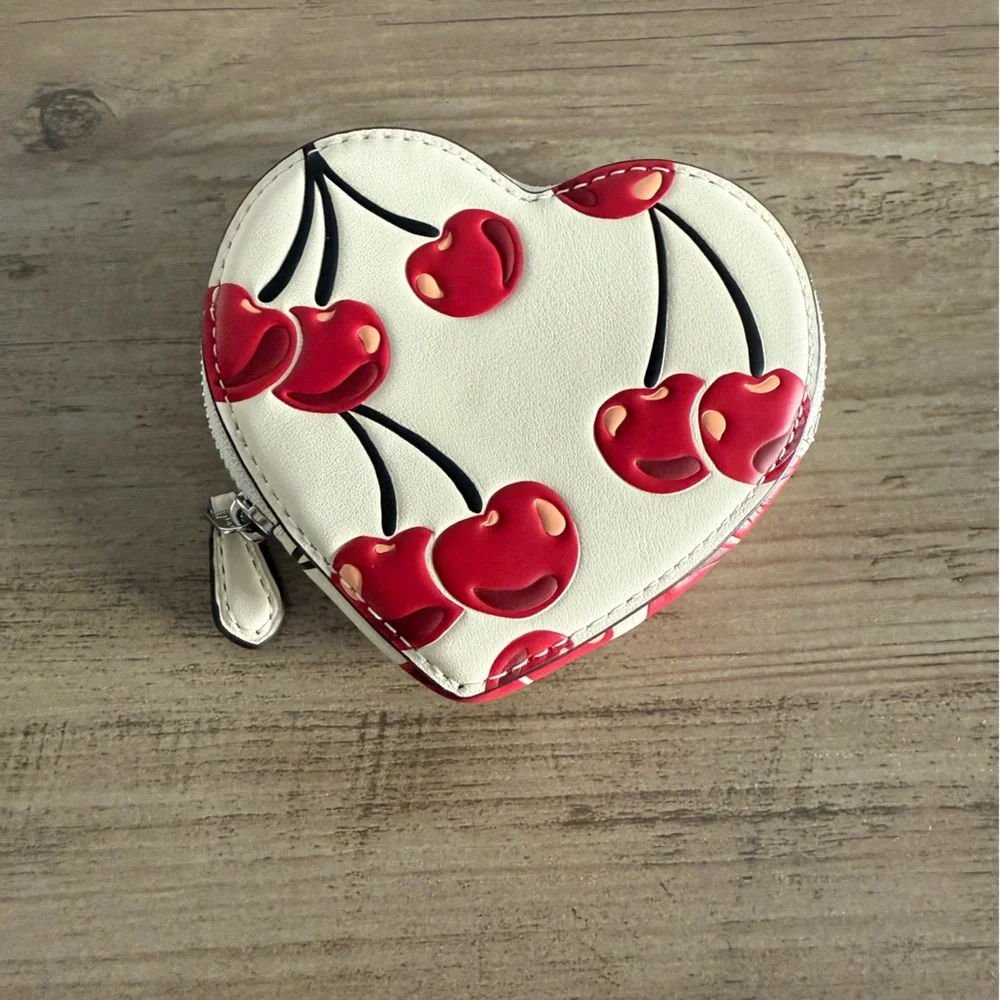 NWT Coach Heart Coin Case With Cherry Print CZ477